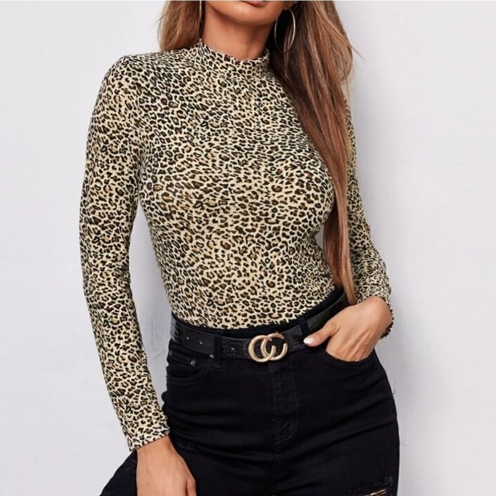 Shein Mock-Neck Leopard Long Sleeve Tee